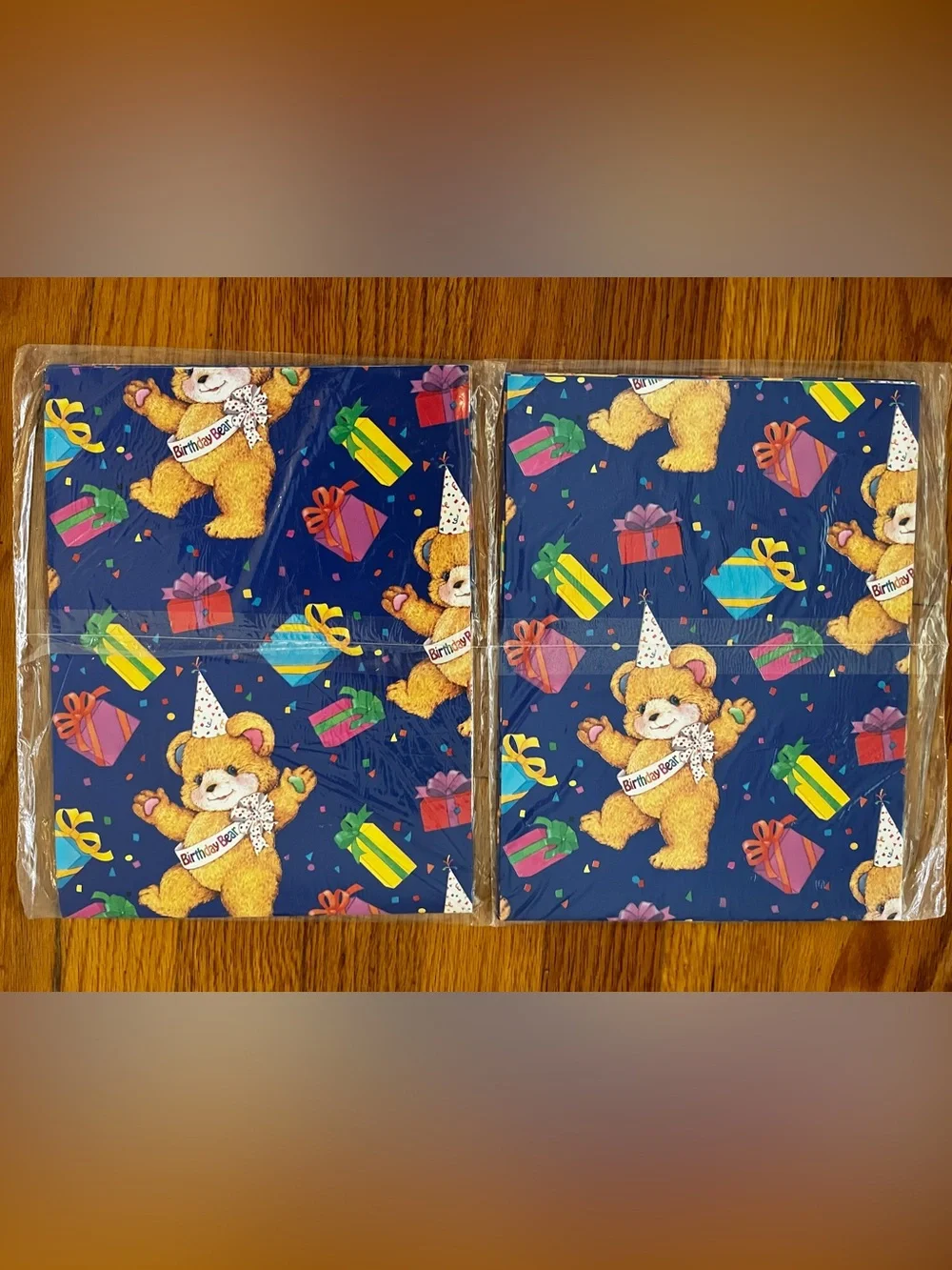 VTG 90s Carlton Cards Birthday Blue & Presents Bear Gift Wrap - 2 Pack